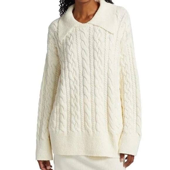 Free People Laurel Cable Knit Collared Oversized Pullover Sweater Top Cotton S - Picture 1 of 5